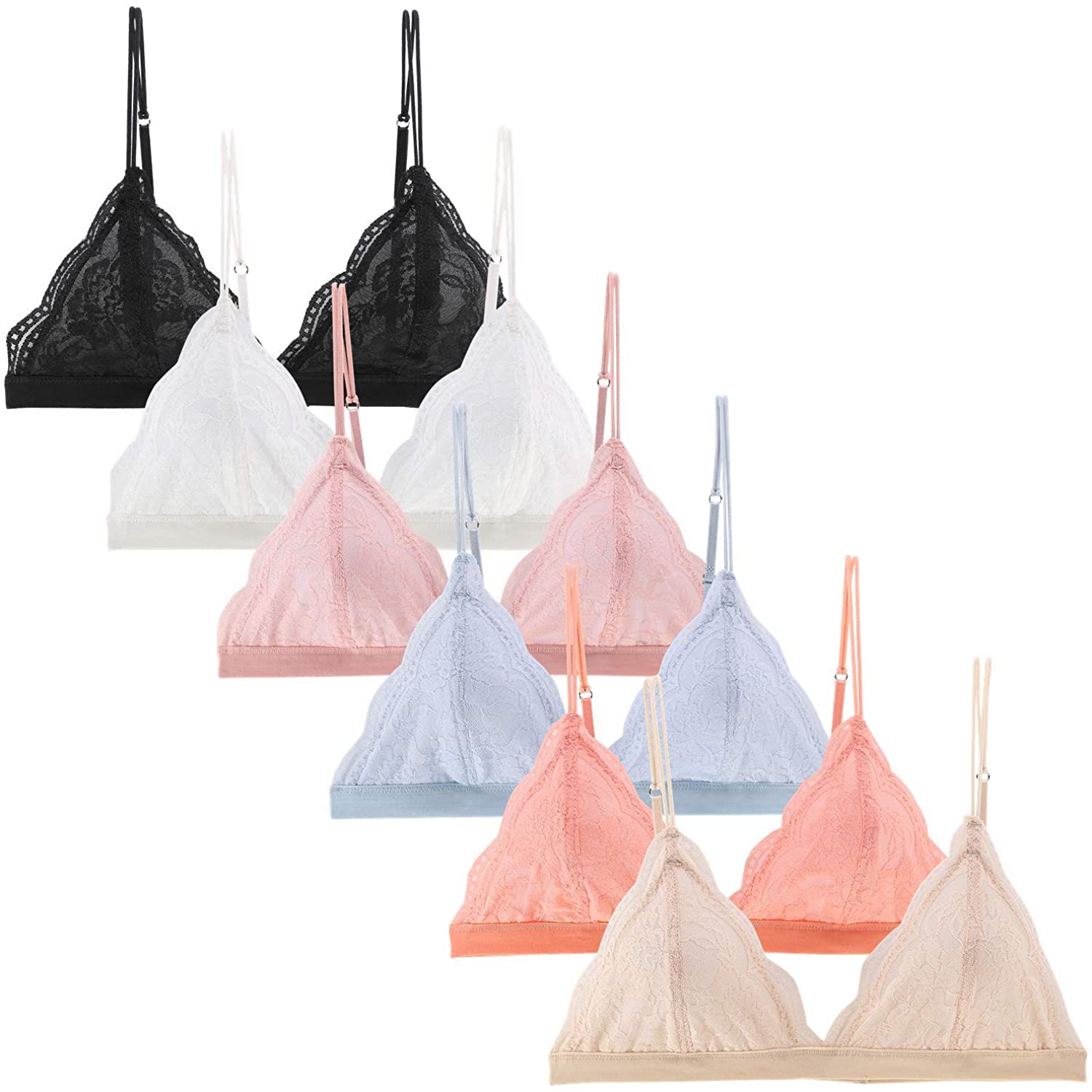 Price:$16.98 Peachat Lace Bralettes for Women Floral Adjustable Thin Strap V Neck Hook Eye Unpadded Triangle Bralette Wire Free Bra at Amazon Women’s Clothing store