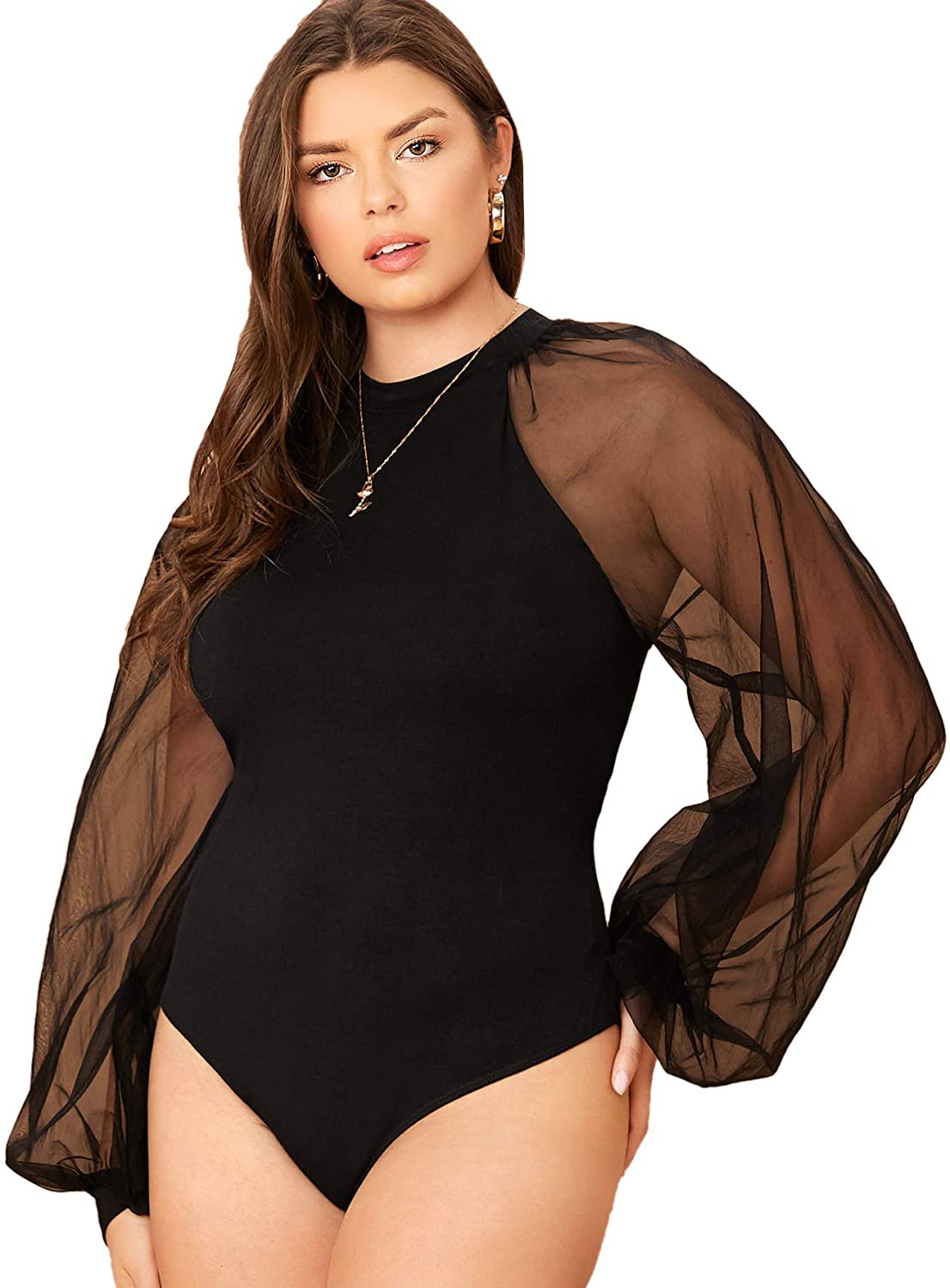 Price:$14.76 Romwe Women's Plus Size Sexy Mesh Lantern Long Sleeve Mock Neck Clubwear Bodysuit Jumpsuits at Amazon Women’s Clothing store