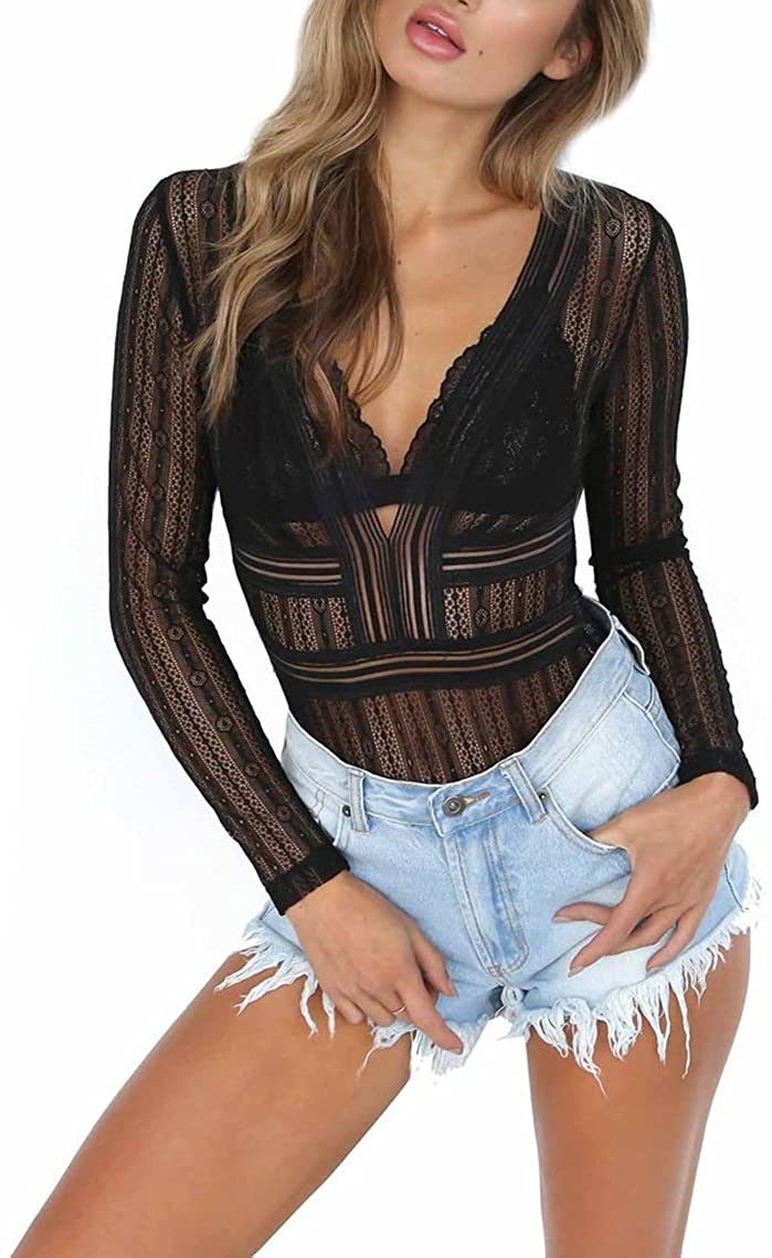 Price:$13.69 Women Sexy See Through Bodysuit Top Deep V Neck Long Sleeve Leotard Thong(7 Colors) at Amazon Women’s Clothing store