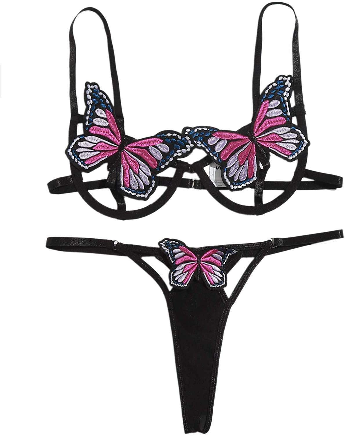 Price:$20.99    Milumia Women 2PCS Lingerie Set Butterfly Applique Top and Thong Harness Sleepwear  Clothing