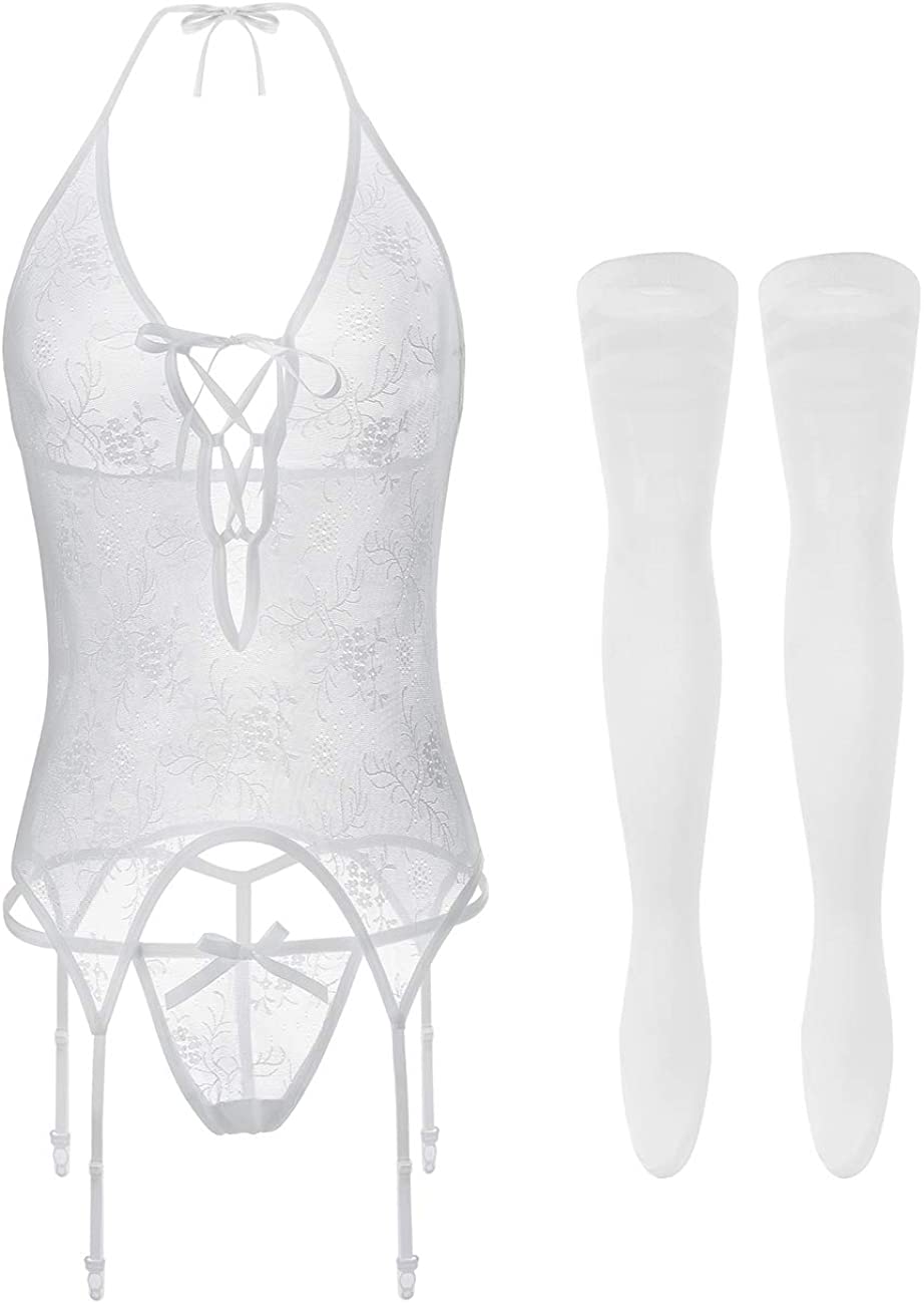 Price:$21.99 EDENIGHT Women Corset Garter Belt Lingerie Set Exotic Bodysuit with Stockings at Amazon Women’s Clothing store