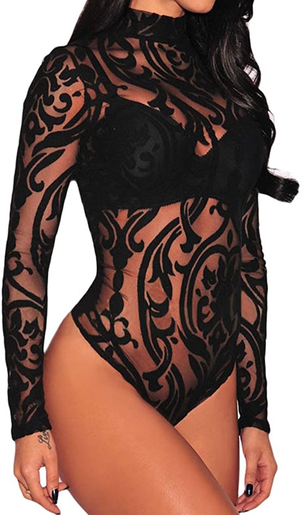 Price:$14.99 FIYOTE Women See Through Slim Fit Mesh Bodysuit Romer Tops for Clubwear at Amazon Women’s Clothing store