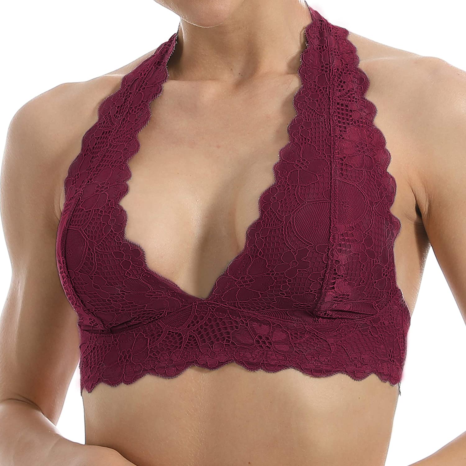 Price:$14.99 Floral Lace Halter Bra Bralette for Women, Deep V Lace Neck Bra Unpadded Wirefree Lingerie Backless Crop Top Purple-red at Amazon Women’s Clothing store