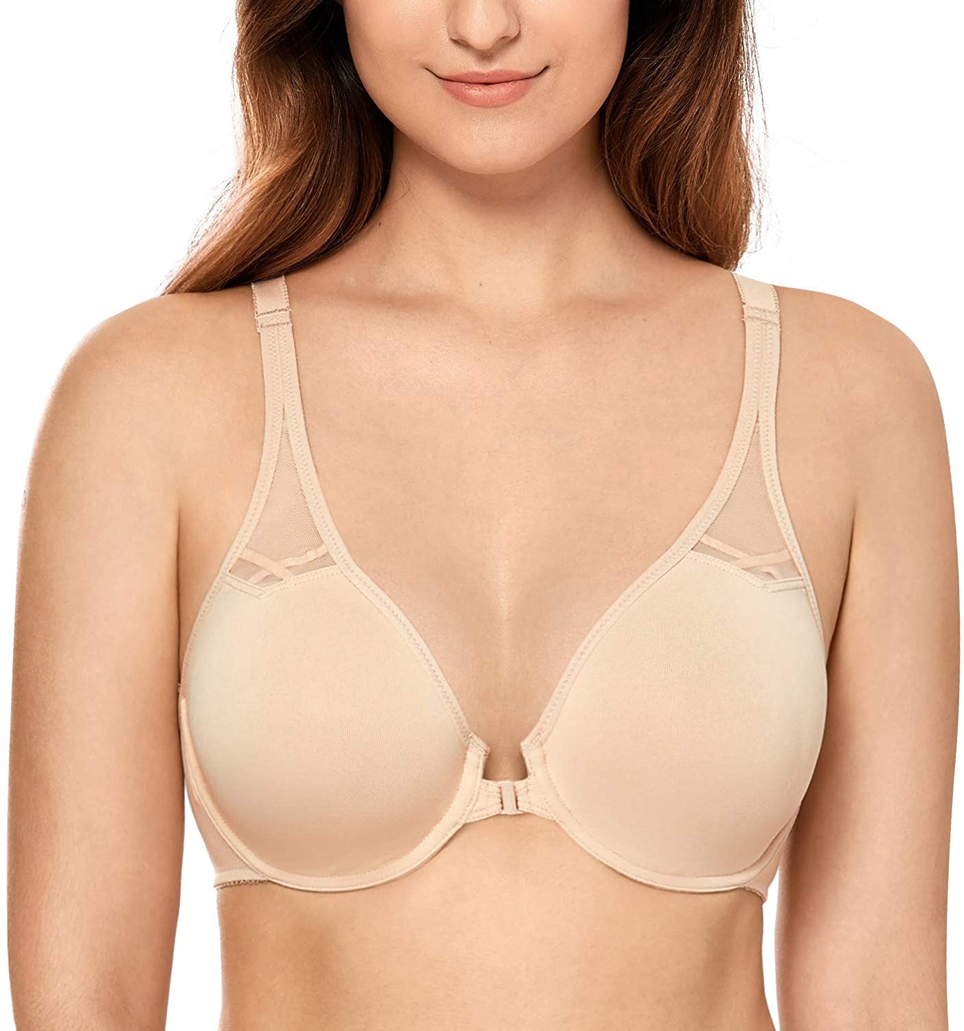 Price:$19.99 CALVENA Women's Full Figure Non Padded Seamless Comfort Underwire Racerback Front Closure Bra at Amazon Women’s Clothing store