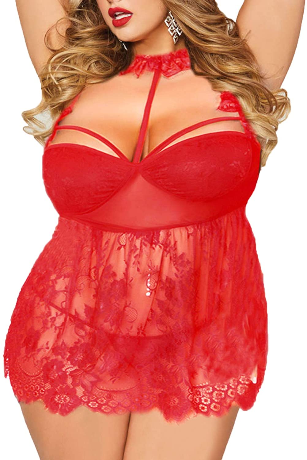 Price:$14.99 Women's Plus Size Eyelash Lace Ruffled Babydoll Lace Print Mesh Halter Babydoll Dress at Amazon Women’s Clothing store