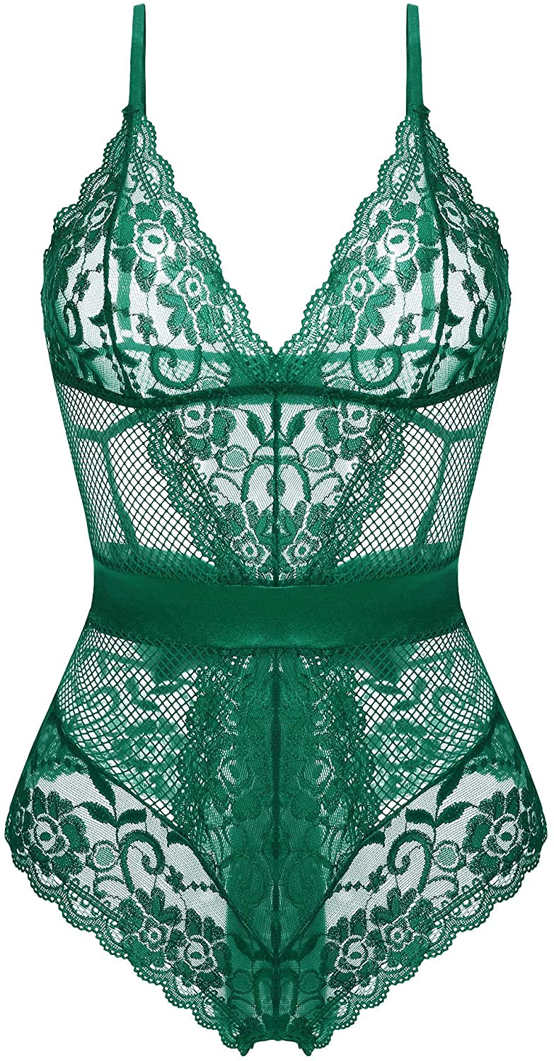 Price:$14.99 Women Lingerie Bodysuit One Piece Lace Cups Halter Teddy Mesh Babydoll Green S at Amazon Women’s Clothing store