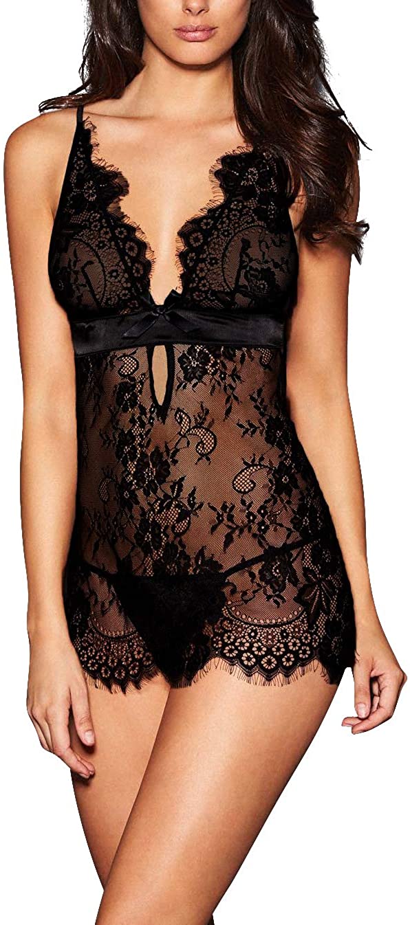 Price:$13.99    AnloveKiss Women Sexy Lingerie Black Eyelash Lace Chemise Babydoll Nightwear (S, Black)  Clothing