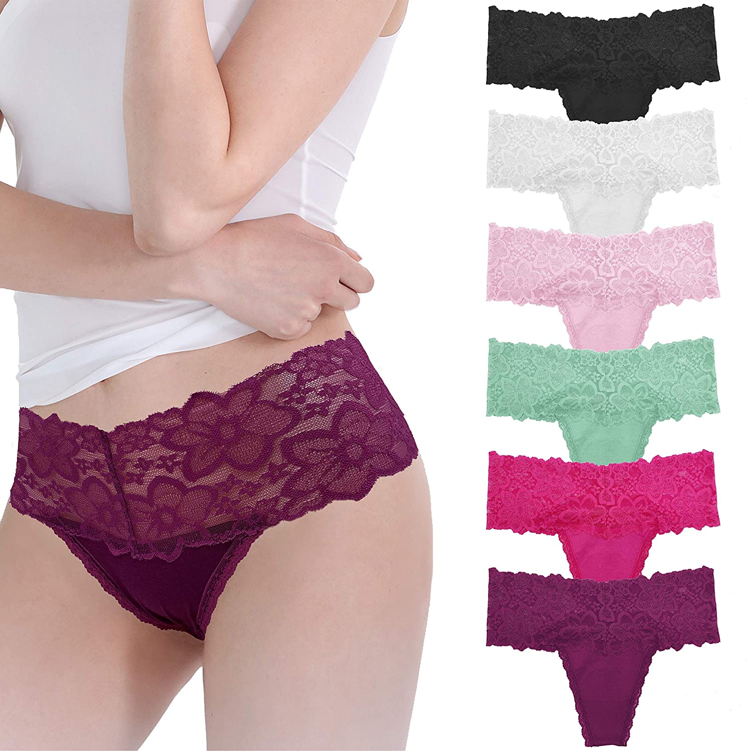 Price:$25.99    WKFIINM Pack of 6 Sexy Women Retro Cotton Thong Lace Waist  Clothing