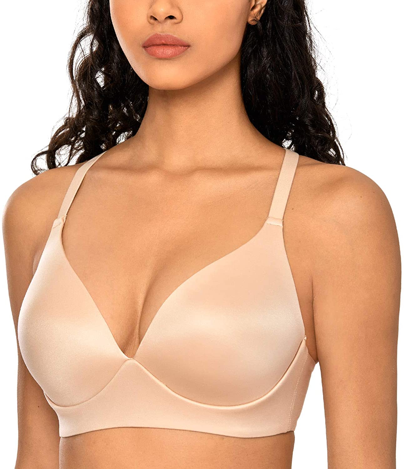 Price:$21.99 DOBREVA Women's Racerback Bralette Wireless Plunge Triangle Lightly Padded Bra at Amazon Women’s Clothing store