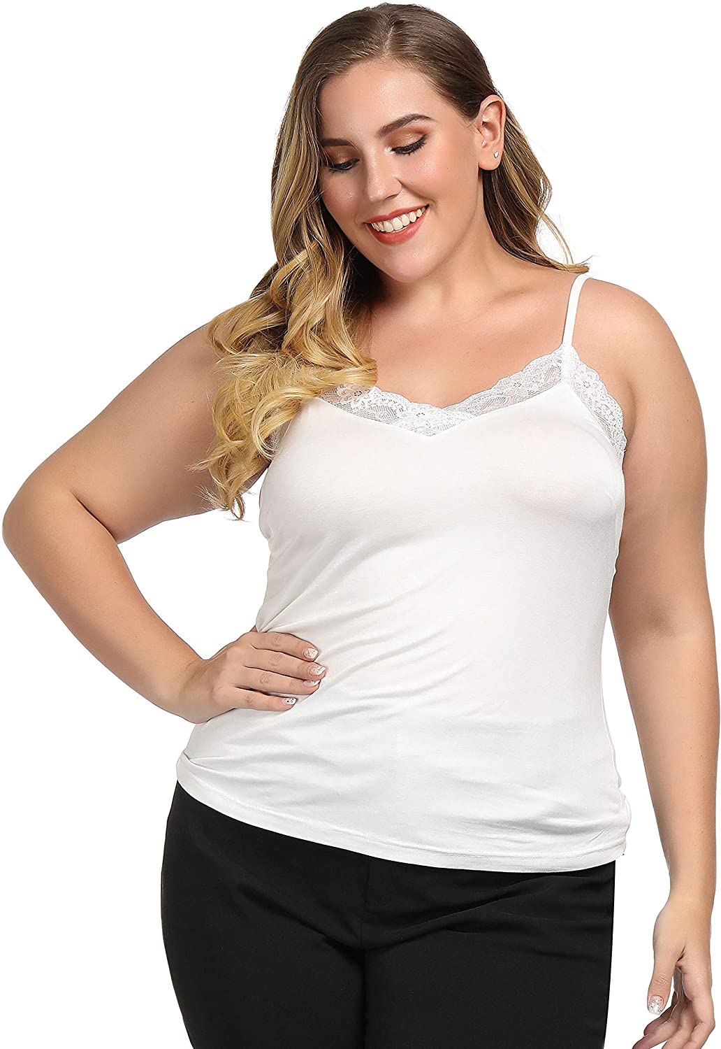 Price:$13.99 Chicwe Women's Plus Size Stretch Chic Modal Jersey Camisole with Lace Trim at Amazon Women’s Clothing store