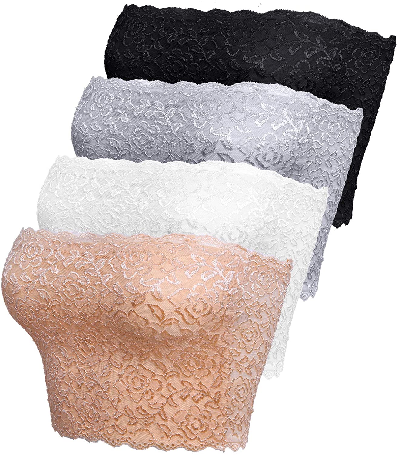 Price:$10.99 Cooraby 4 Pieces Women's Lace Tube Top Bra Stretchy Strapless Bandeau for Girls at Amazon Women’s Clothing store