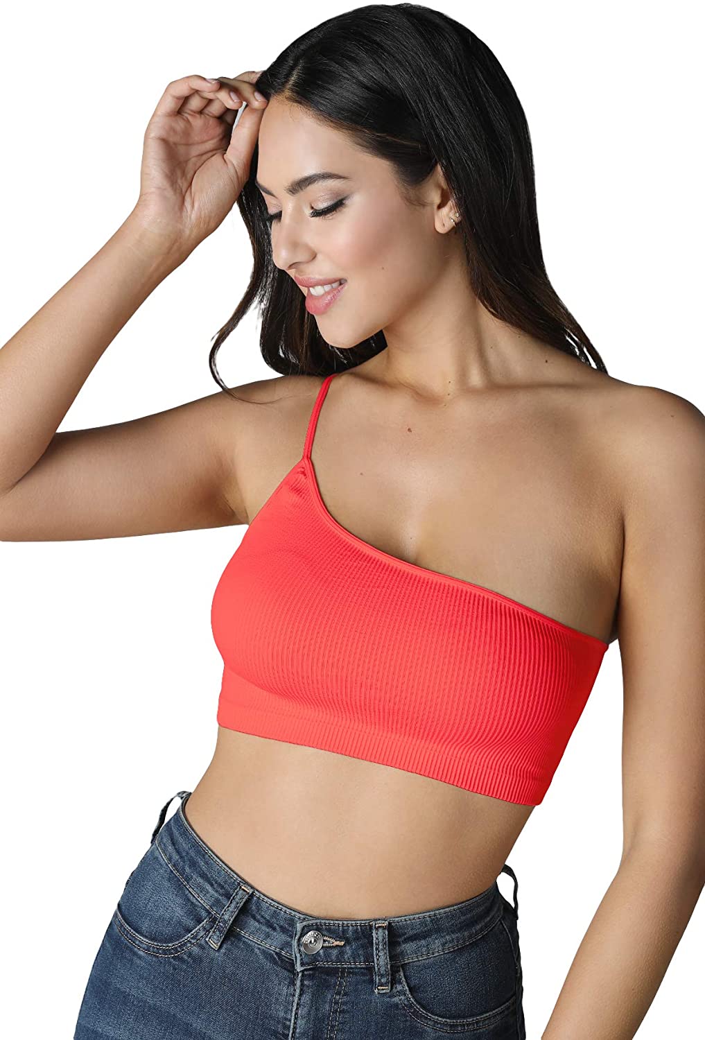Price:$18.95 NIKIBIKI Women Seamless One Shoulder Ribbed Bralette, Made in U.S.A, One Size (Fiesta) at Amazon Women’s Clothing store
