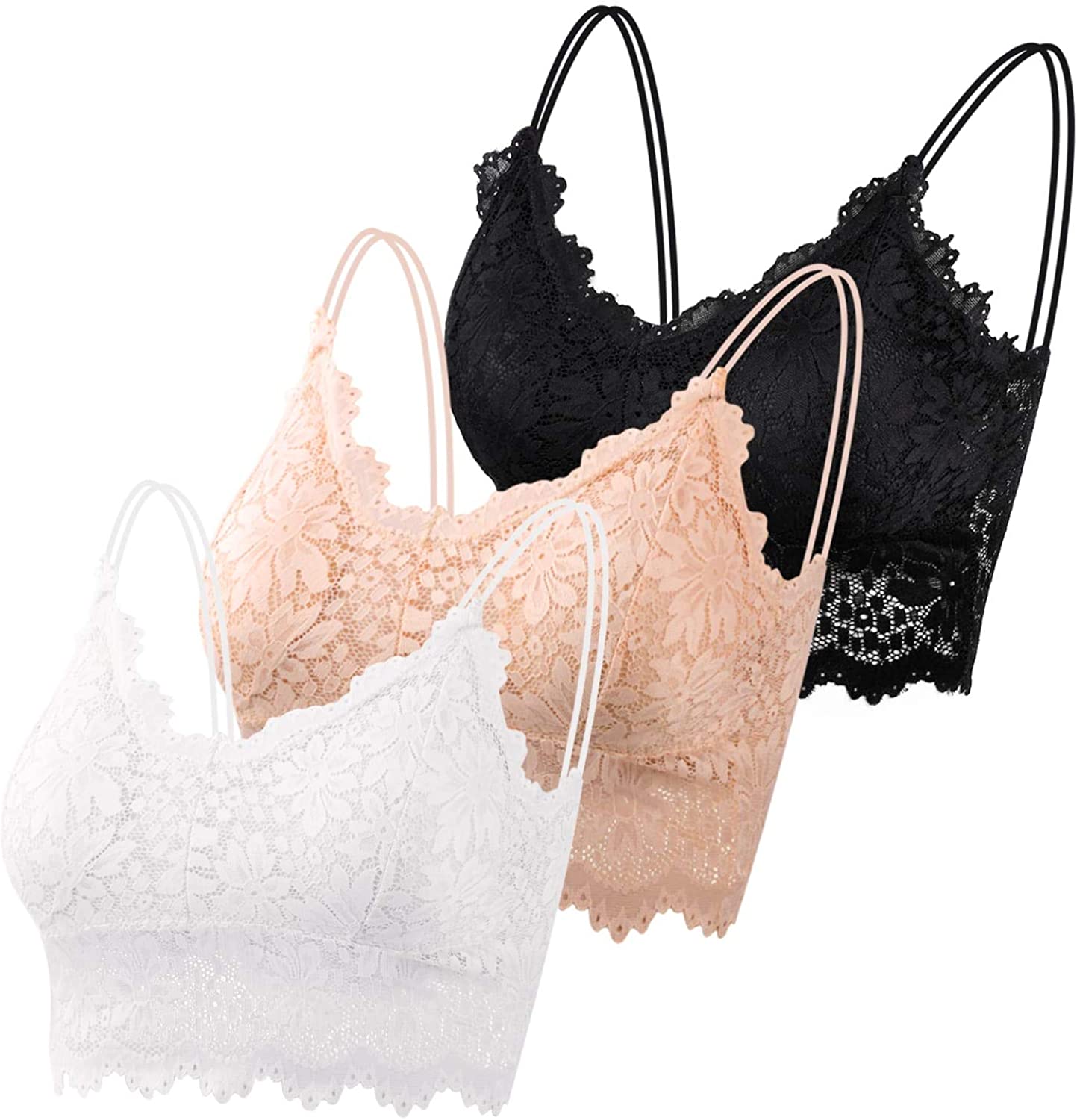 Price:$12.99 PAXCOO 3 Pcs Lace Bralette for Women, Lace Bralette Padded Lace Bandeau Bra with Straps for Women Girls at Amazon Women’s Clothing store