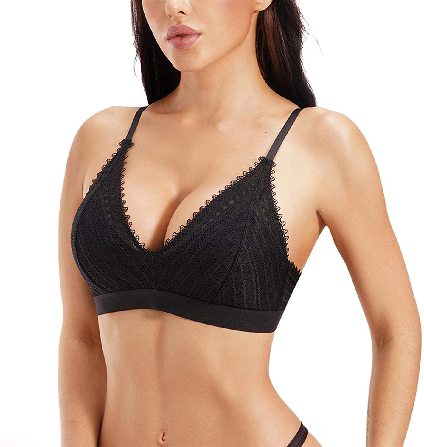 Price:$12.99 BRABIC Women Lace Bralette Padded Wireless Bra Plunge Deep V Neck Crop Top T-Shirt Halter Bra at Amazon Women’s Clothing store