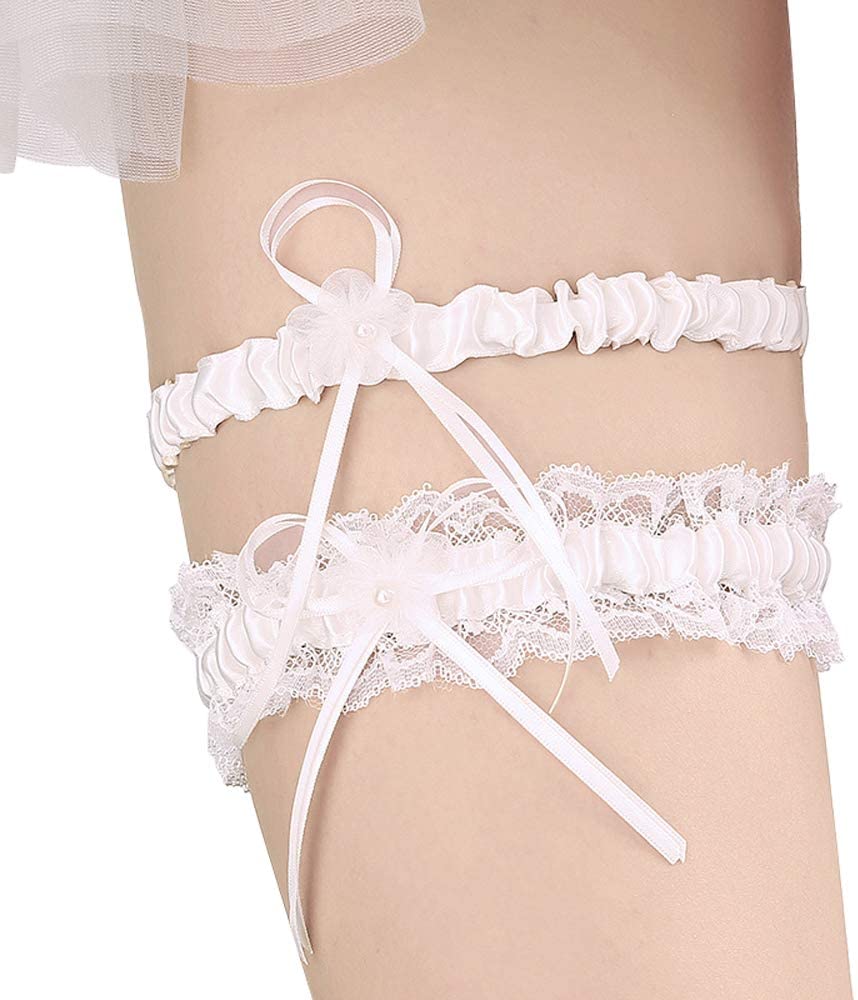 Price:$7.99    Lace Wedding Garters for Bride Pearl Stretch Prom Garter, Women Wedding Bridal Legs Garter Set (White)  Clothing