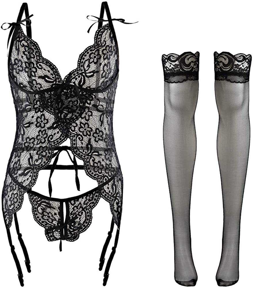 Price:$8.99 Women Sexy Lingerie Set with Garter Belts Stockings Lace Teddy Babydoll Bodysuit at Amazon Women’s Clothing store