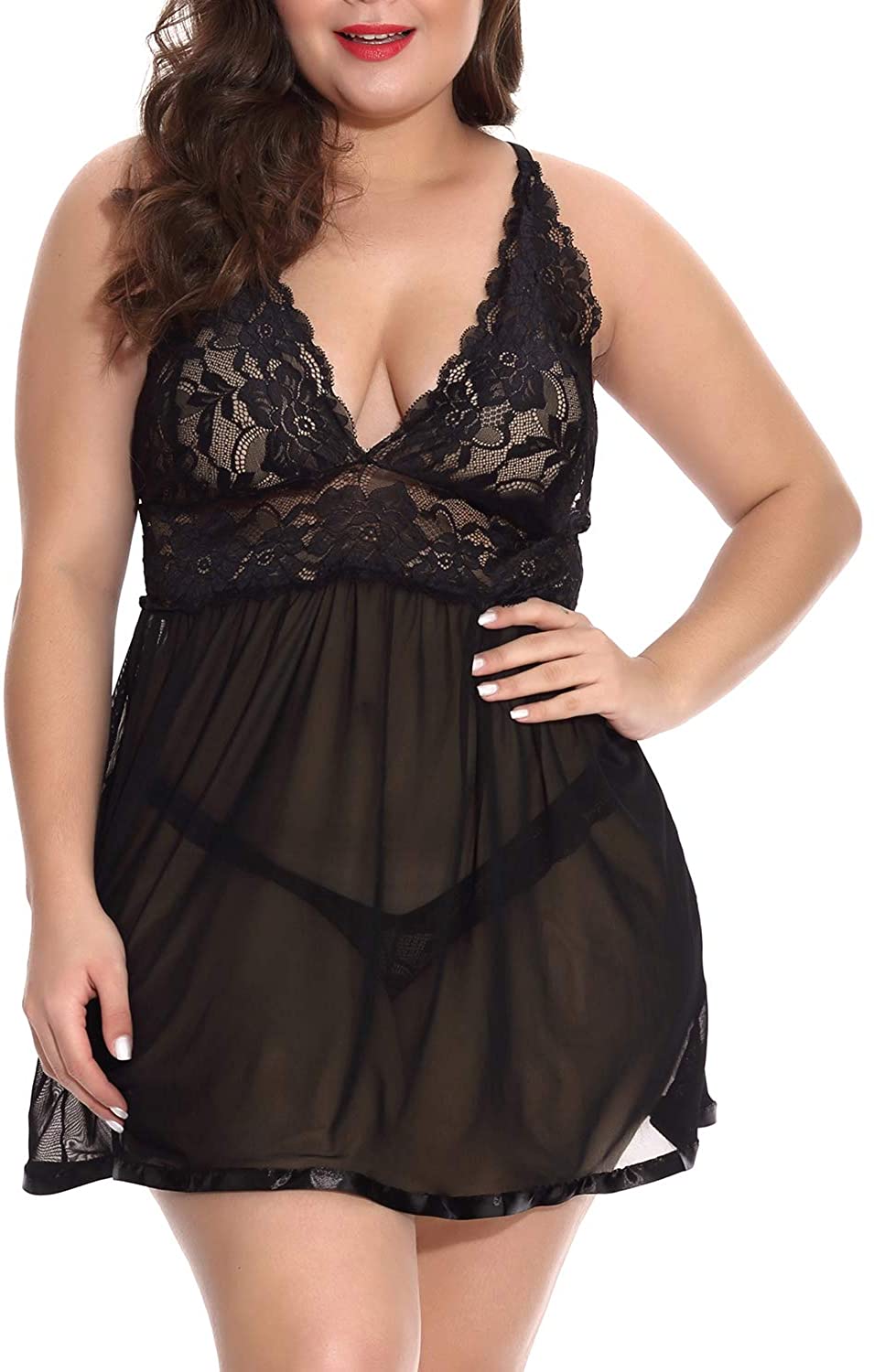 Price:$0.00 Qianzibaimei Woman Plus Size Open Back Lingerie Lace Babydoll Sleepwear (Black XL) at Amazon Women’s Clothing store