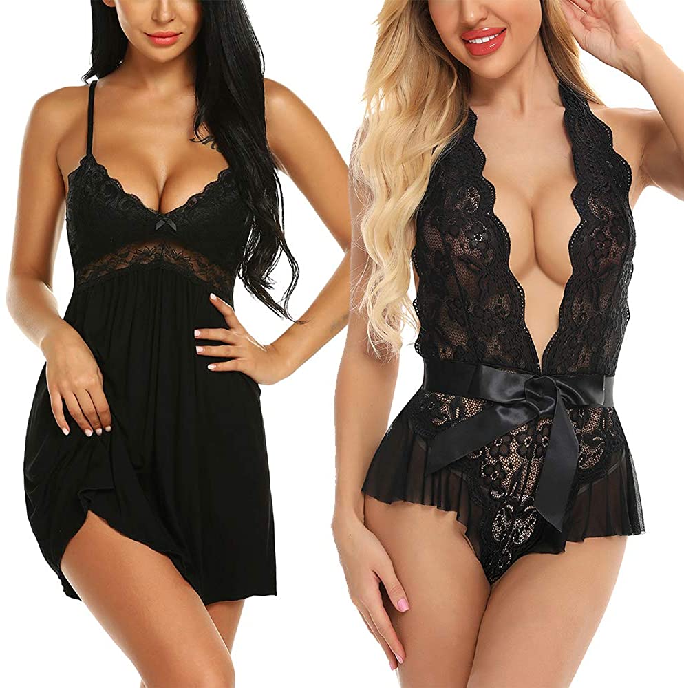 Price:$26.99 Ababoon Womens Sleepwear Lace Lingerie Chemises V Neck Halter Bodysuit at Amazon Women’s Clothing store