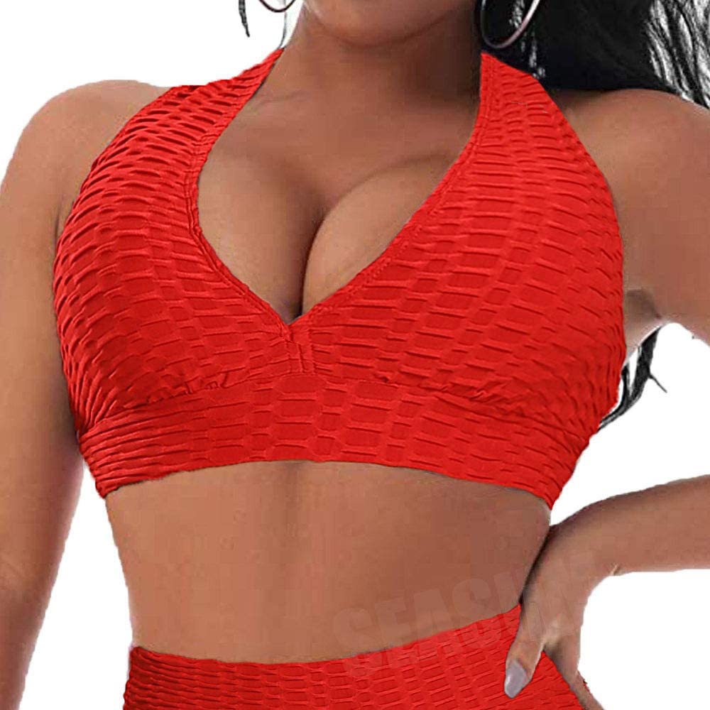 Price:$15.99 SEASUM Women Sports Bras Textured Middle Impact Support Yoga Crop Tops Gym Workout Shirts at Amazon Women’s Clothing store