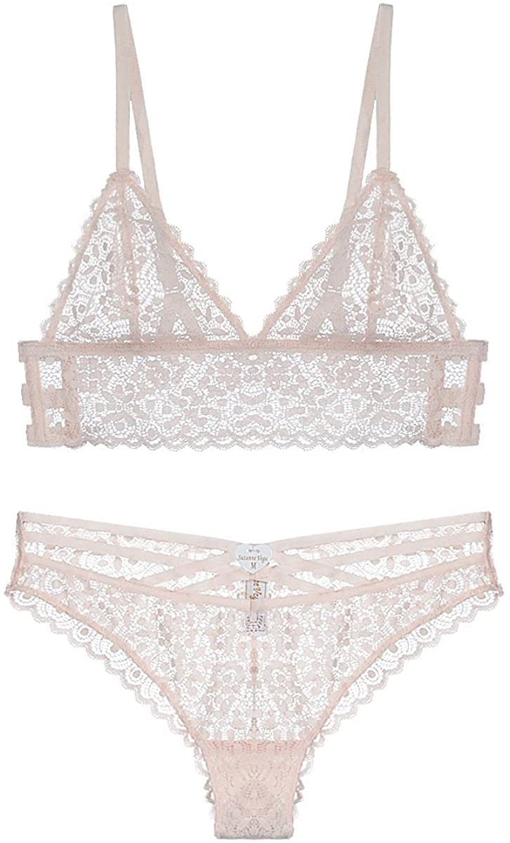 Price:$19.00 MY AGLAIA Unlined Lace Triangle Bralette and Panty Set Plunge Longline Bra Set at Amazon Women’s Clothing store