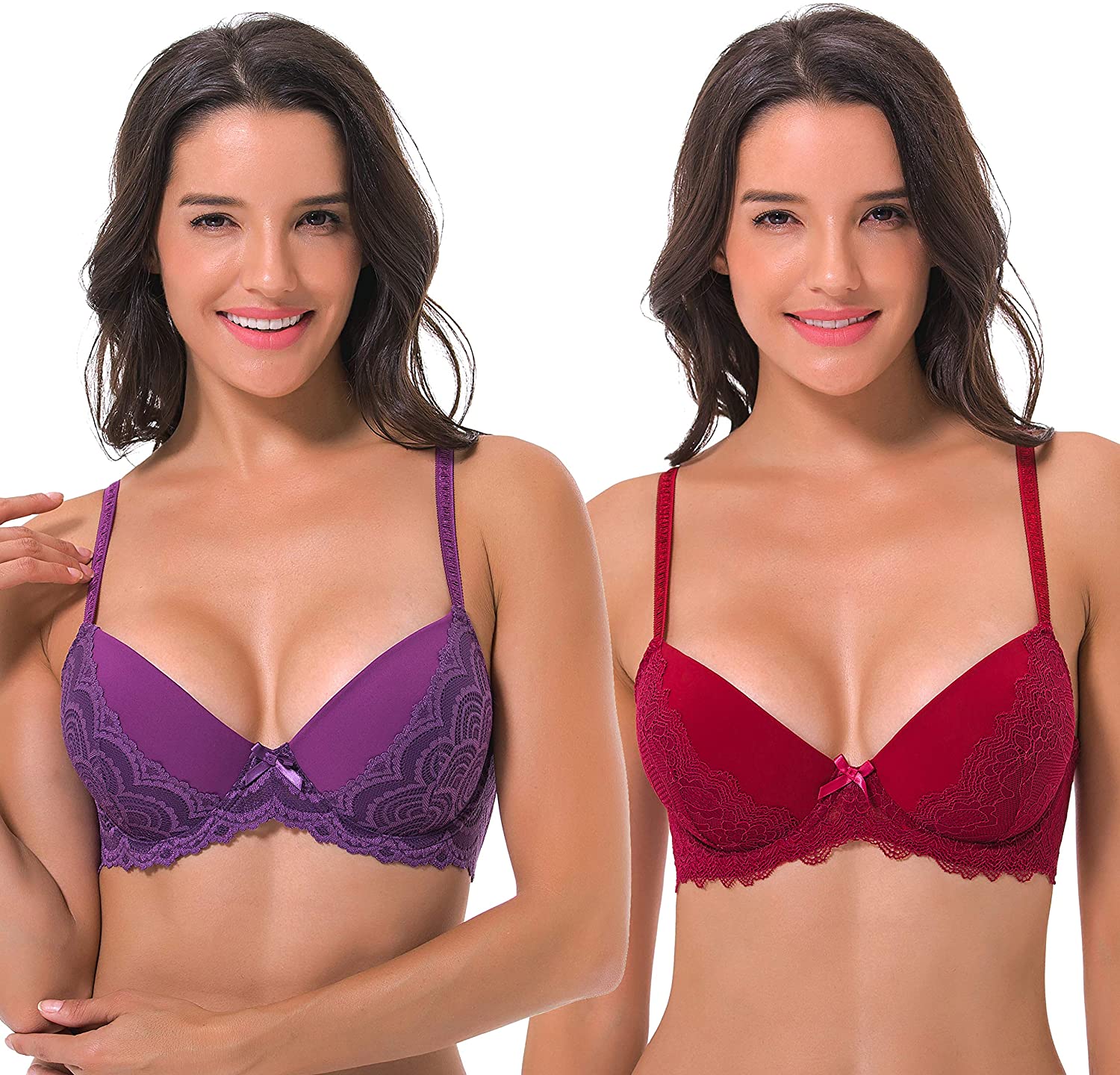Price:$15.99 Curve Muse Womens Plus Size Lightly Padded Underwire Lace Balconette Contour Bra at Amazon Women’s Clothing store