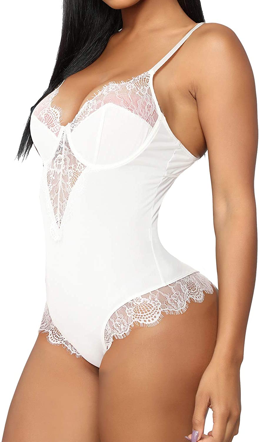 Price:$17.49 Dewinya Sexy Tank Top Bodysuit for Women Underwire Snap Crotch Lace Trim Teddy Lingerie Small White at Amazon Women’s Clothing store