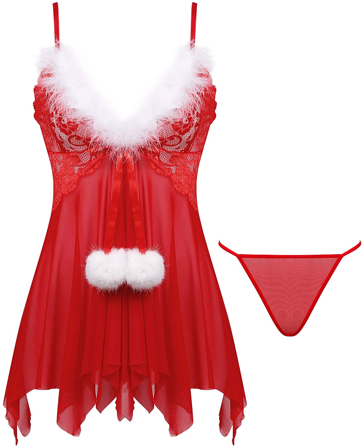Price:$16.99 Joyaria Womens Sexy Christmas Santa Lingerie Set Lace Babydoll Dress Nighty(Red, Small) at Amazon Women’s Clothing store