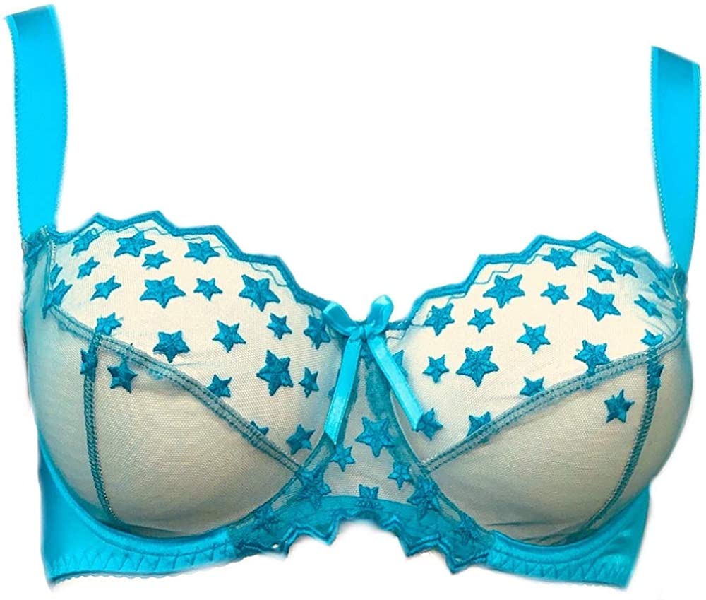 Price:$29.00 Turquoise Aqua Blue Bra, Sheer Star Lace Bralette Bras See Through Bra, Full Coverage, Comfortable and Sexy at Amazon Women’s Clothing store