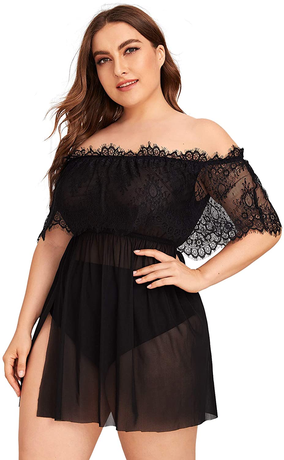 Price:$14.99    Floerns Women's Plus Size Off Shoulder Contrast Lace Mesh Lingerie Babydoll Dress Black 2XL  Clothing