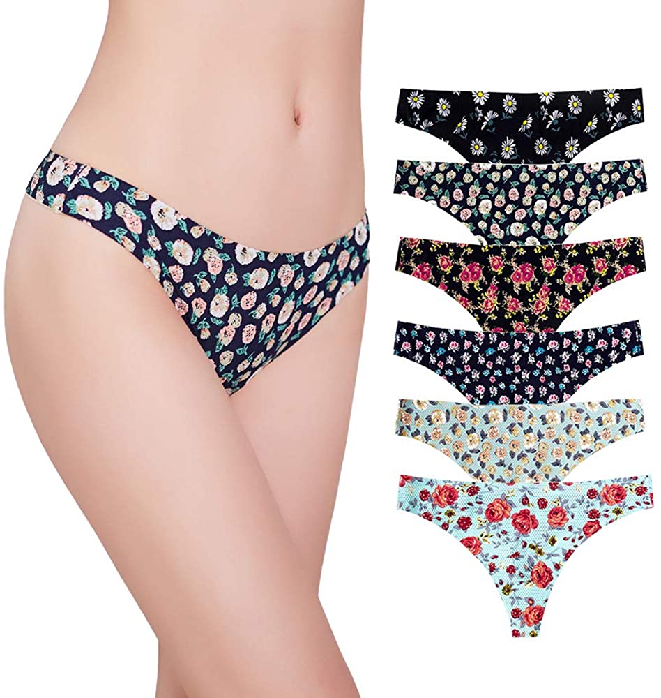 Price:$16.49    Seamless Thongs Underwear for Women Nylon No Show Ladies Sexy Floral Panties Low Waisted Pack Set  Clothing
