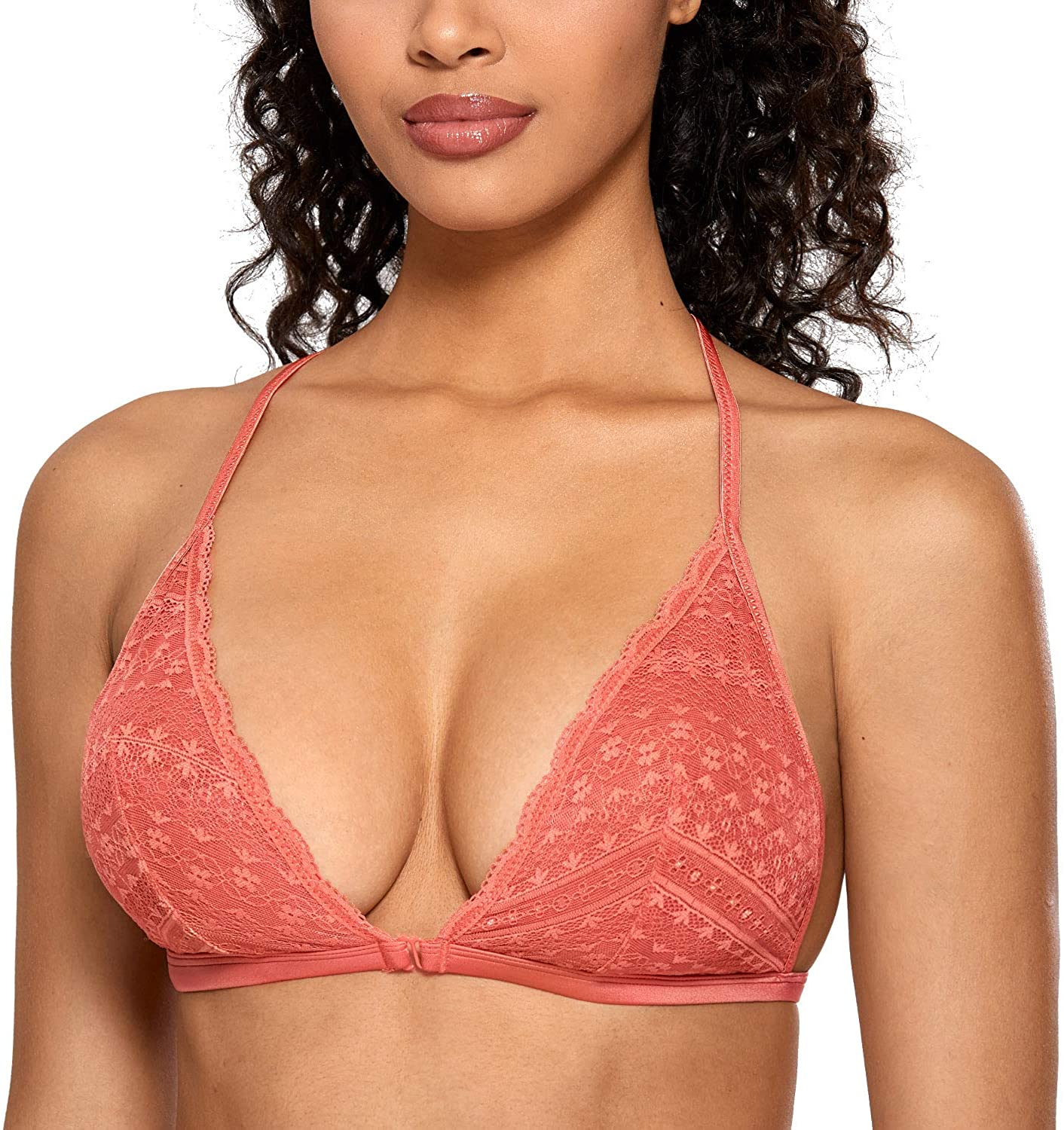 Price:$17.99 DOBREVA Women's Lace Bralette Front Close Racerback Wireless Triangle Bra at Amazon Women’s Clothing store