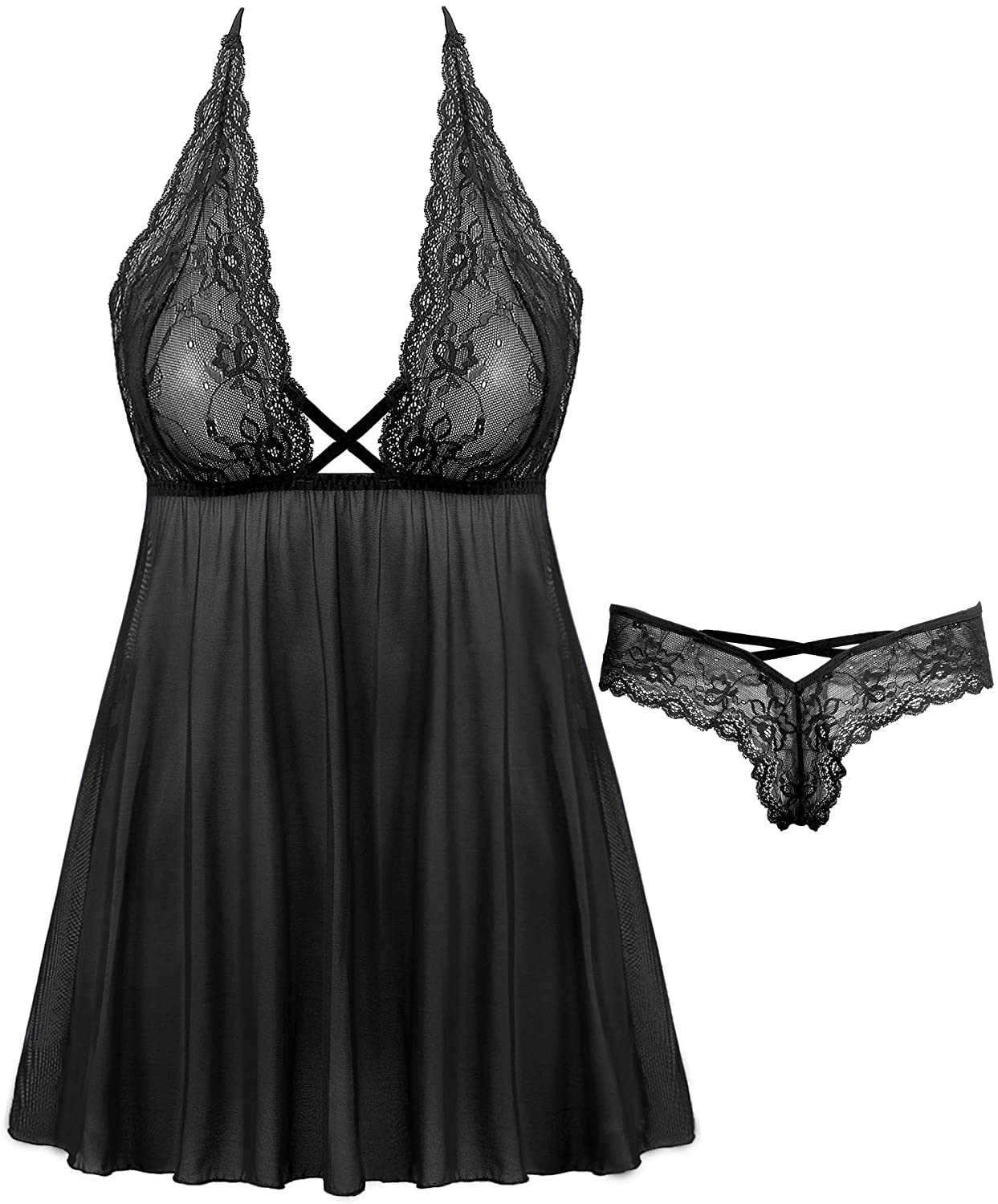 Price:$16.99 Amorbella Female Halter Lace Babydoll V neck Lingerie with Panty for Women(Black, Small) at Amazon Women’s Clothing store