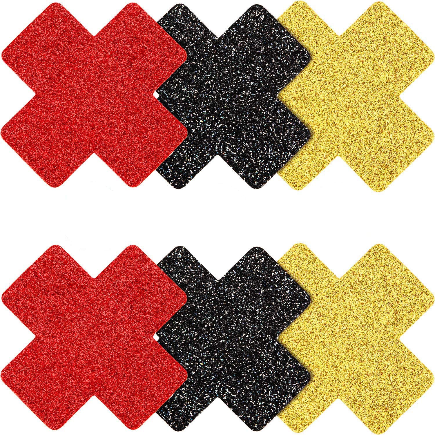 Price:$5.99 SATINIOR 6 Pairs Glitter Nipple Breast Covers Crossed Nipple Stickers Disposable Pasties(Black, Red and Gold) at Amazon Women’s Clothing store