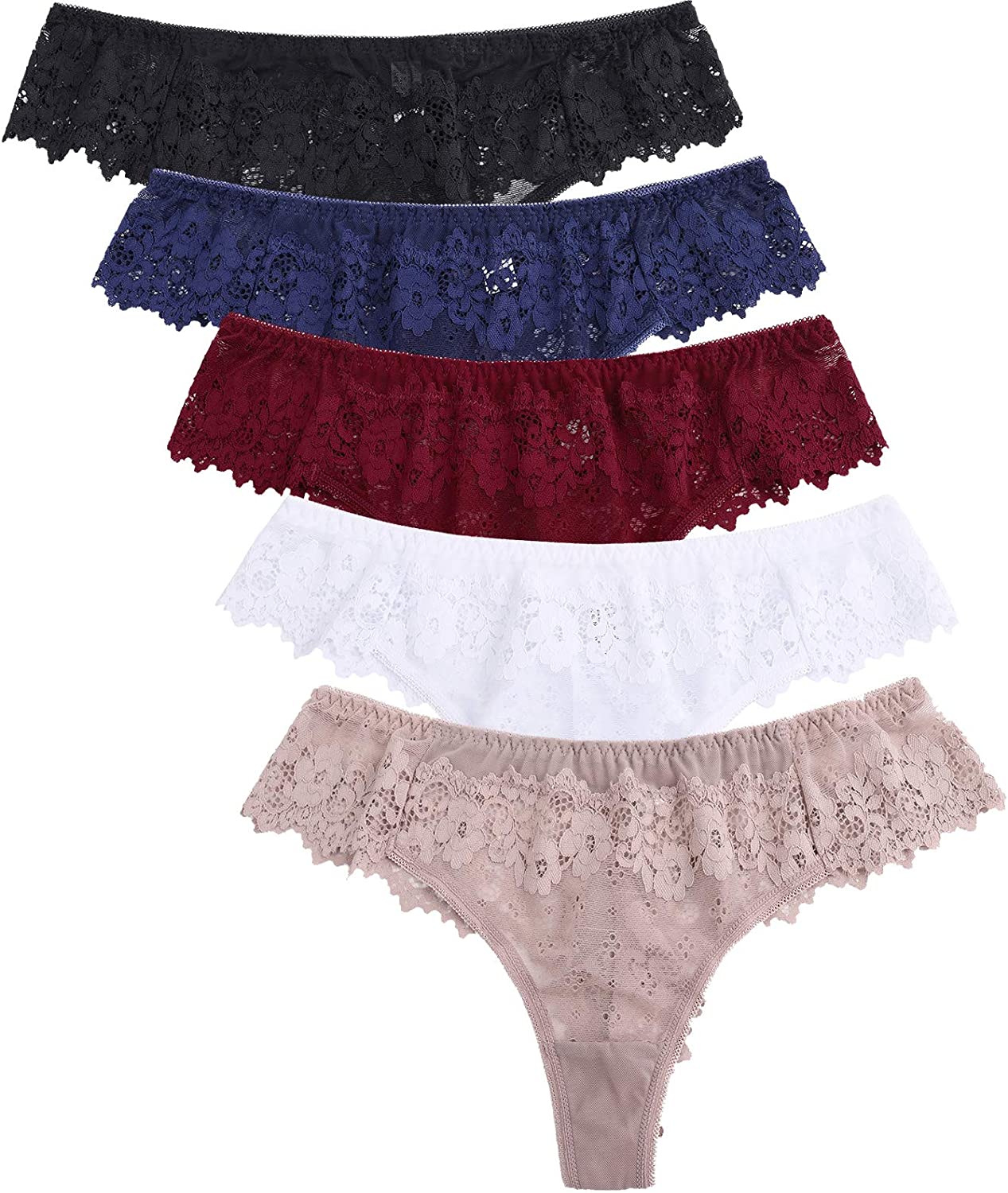 Price:$16.99    BIONEK Lace Thongs for Women Tangas Sexy Bikini Panties Cheeky Underwear Cotton Crotch Low Rise T-Back Pack of 5  Clothing