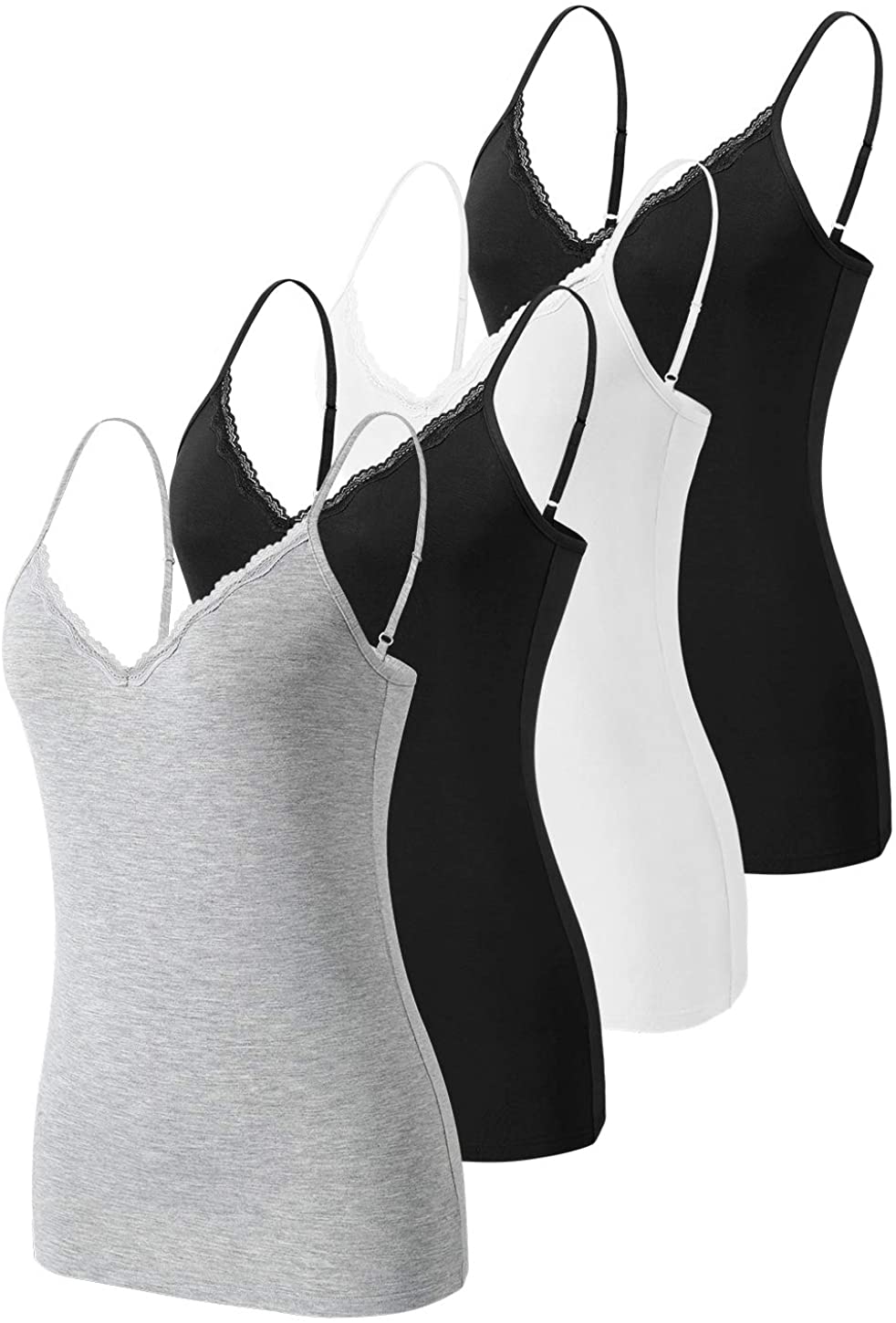 Price:$20.99 ROSYLINE V Neck Camisoles for Women Adjustable Lace Cami Undershirt Spaghetti Strap Lace Tank Top 4-Pack at Amazon Women’s Clothing store
