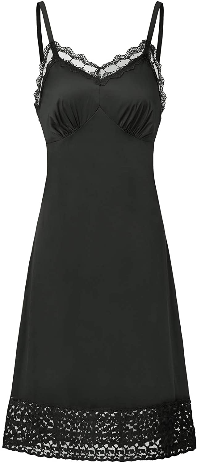 Price:$18.99 Women Lace Trim Satin Full Slips for Under Dresses Black Silk Slip Lingerie, M at Amazon Women’s Clothing store