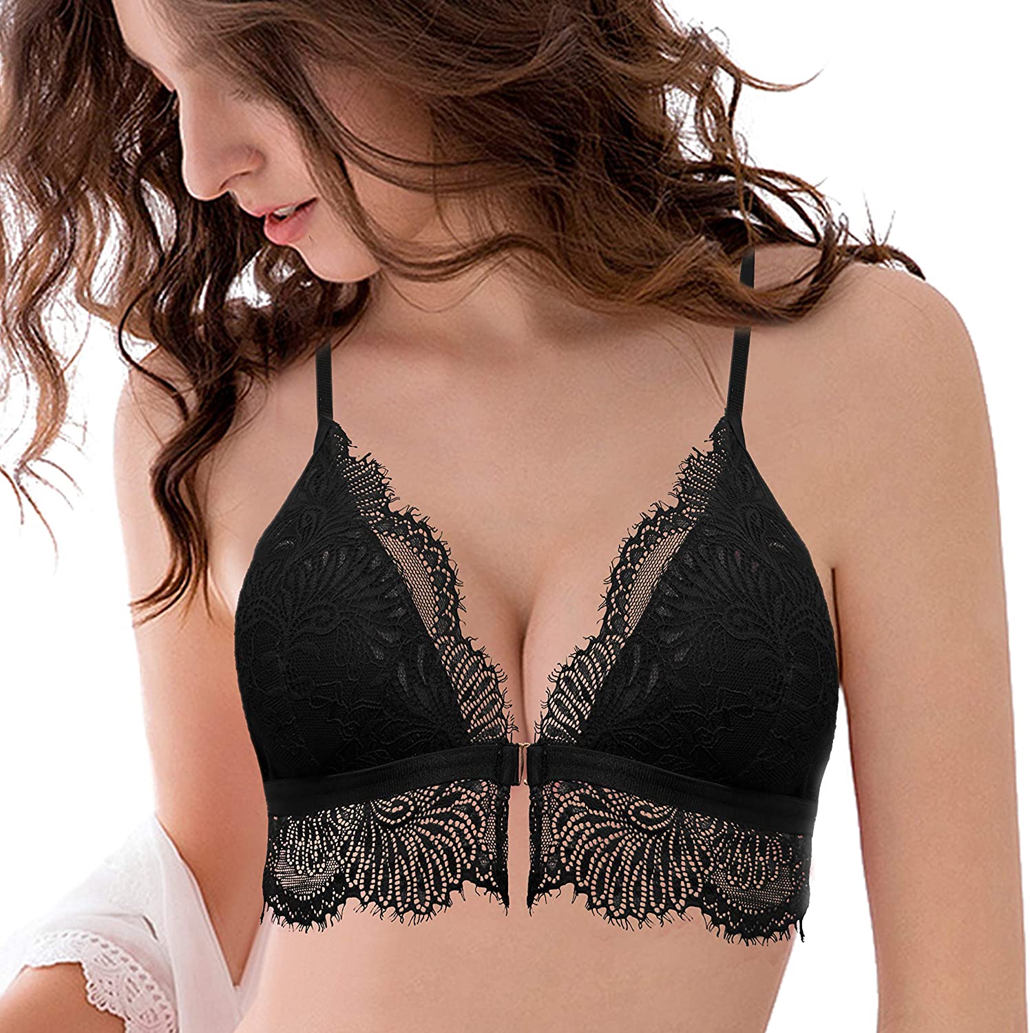 Price:$17.99 SHEKINI Women’s Lace Front Closure Bra Racerback Breathable Bralette Push up Wire Free Bra at Amazon Women’s Clothing store