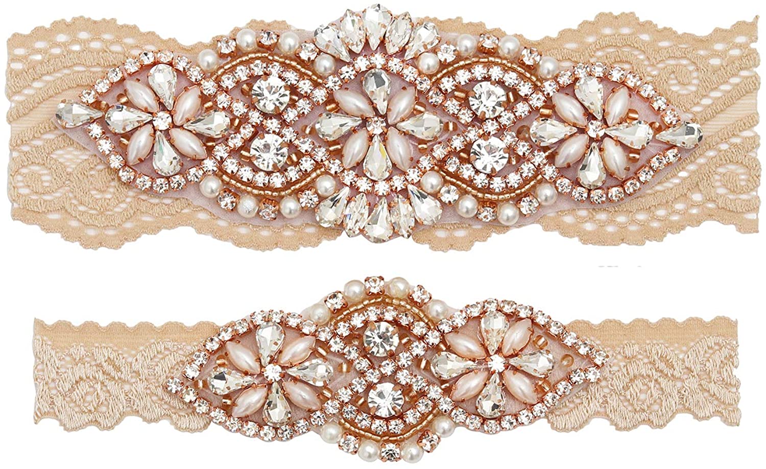 Price:$14.99    yanstar Wedding Bridal Garter Set Champagne Stretch Lace with Silver Rhinestone Clear Crystal Pearl for Prom Bridesmaid Dress  Clothing