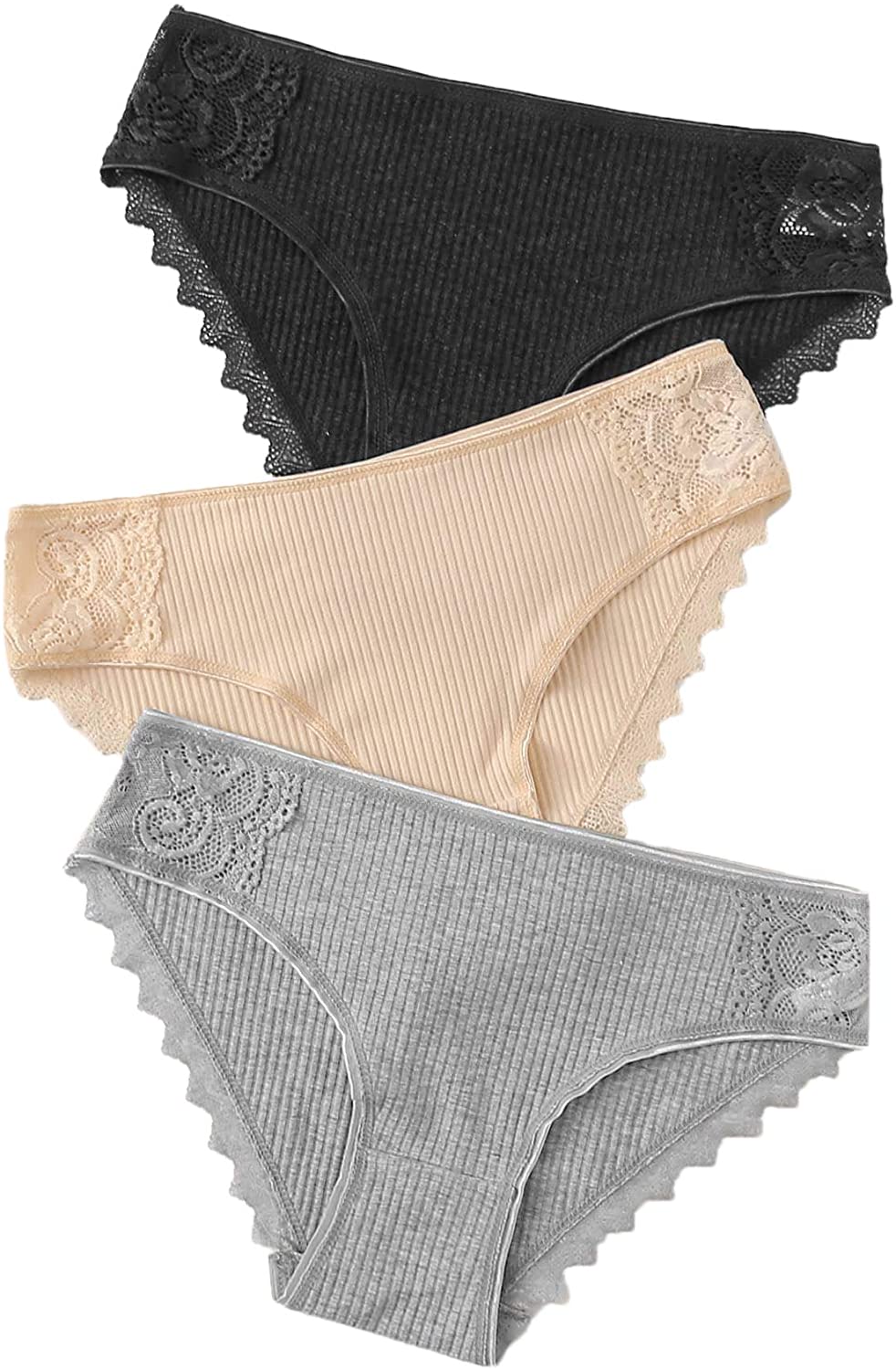 Price:$12.99 MakeMeChic Women's Lace Trim Ribbed High Waist Panty Lingerie Casual Underwear 3 Pack Multi-1 XL at Amazon Women’s Clothing store