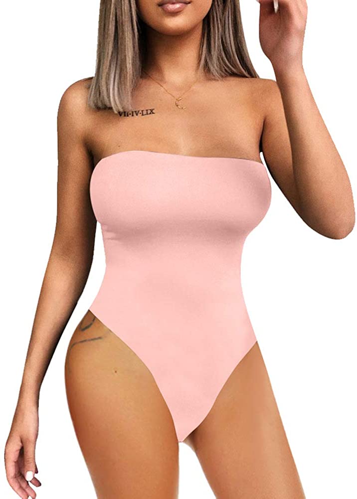 Price:$16.99 YMDUCH Women's Sexy Strapless Bodysuit One Piece Triangle Off Shoulder Leotard Pink at Amazon Women’s Clothing store