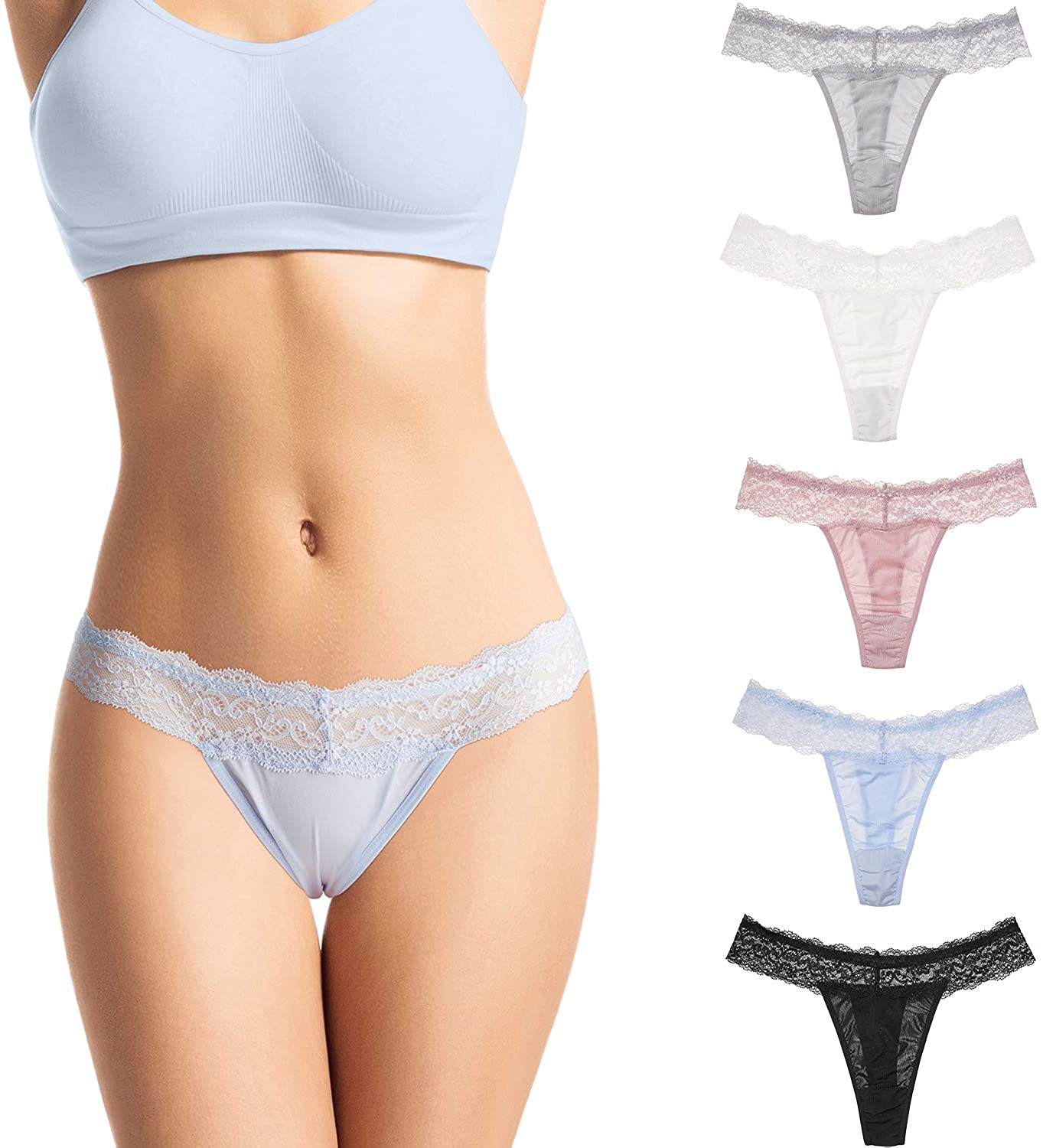 Price:$15.99    FROLADA Women's Underwear Lace Sexy Hollowed Thongs Low Waist Out T Back Soft Comfort Panties 5 Pack  Clothing