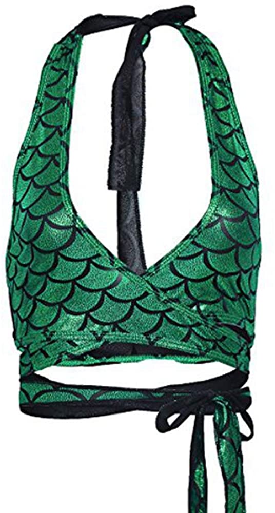 Price:$13.99 moily Women's Sexy Shiny Mermaid Fish Scale Print Halter Neck Wrap Around Rave Bikini Bra Top Green One_Size at Amazon Women’s Clothing store