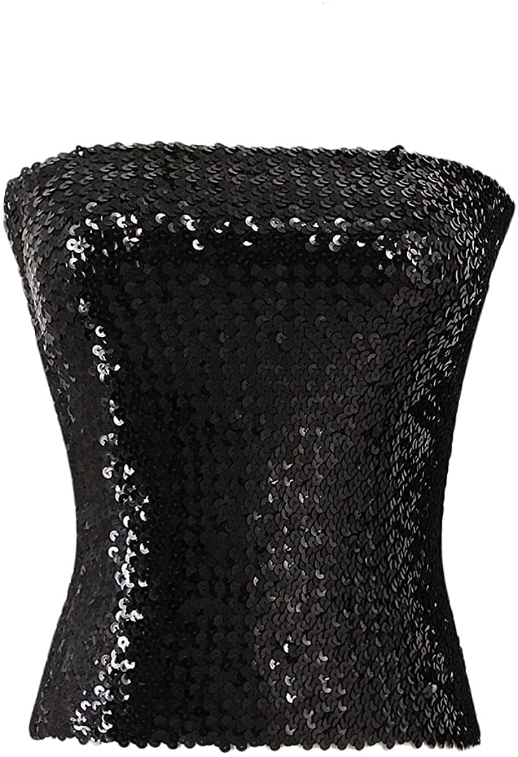 Price:$15.99 Novia's Choice Women Sequin Off Shoulder Tube Top Stretchy Chest Wrap Party Blouse Performance Vest(Black) at Amazon Women’s Clothing store
