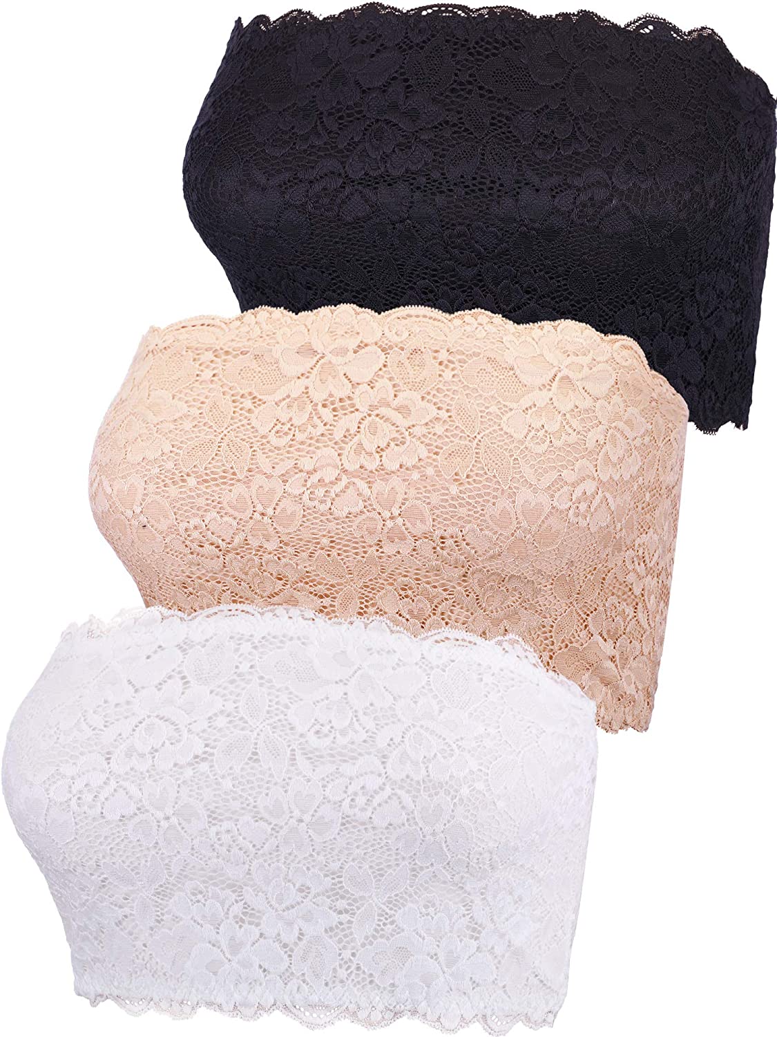 Price:$16.99 Boao 3 Pieces Women's Floral Lace Tube Top Bra Bandeau Strapless Bras Seamless Stretchy Chest Wrap at Amazon Women’s Clothing store