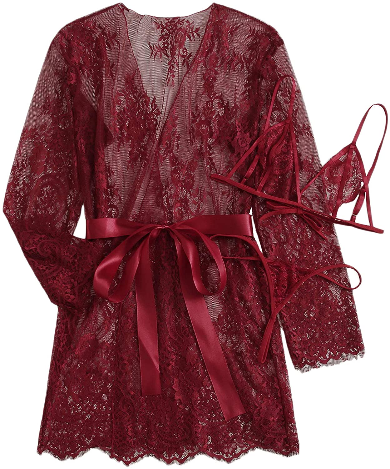 Price:$16.99 SOLY HUX Women's Plus Size 3 Piece Lace Bra and Panty Lingerie Set with Belted Robe |  