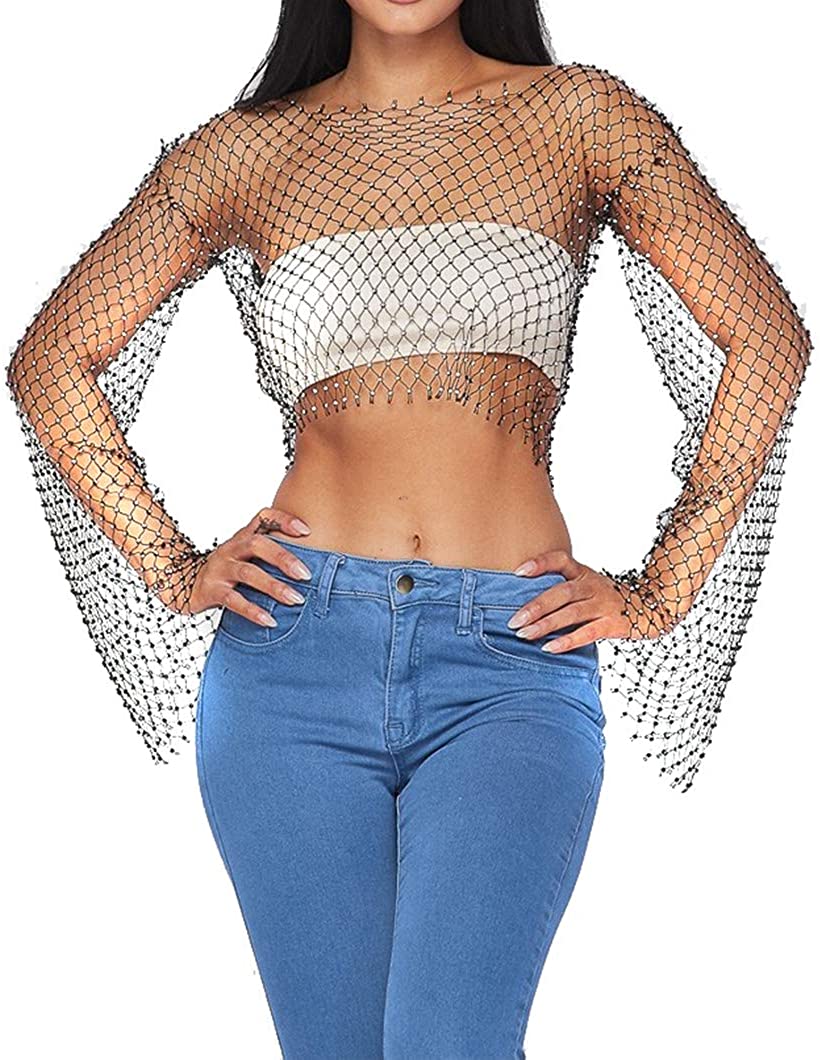 Price:$25.99    Flyrose Women Sexy MeshTank Tops Hollow Out Rhinestone Crop Top Shirts for Festivals, Raves, Clubwear  Clothing