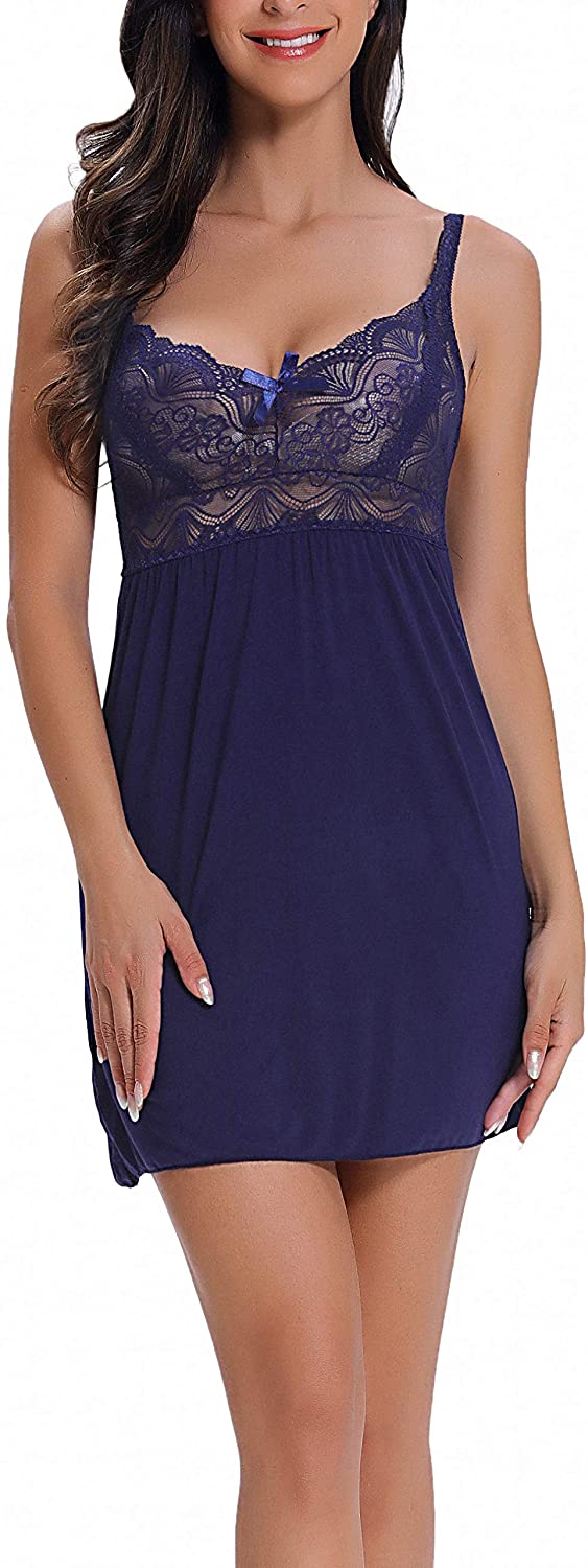 Price:$15.99 Lace Lingerie Sleepwear Women's Chemise Full Slip Soft Lounge Nightwear Dark Blue at Amazon Women’s Clothing store
