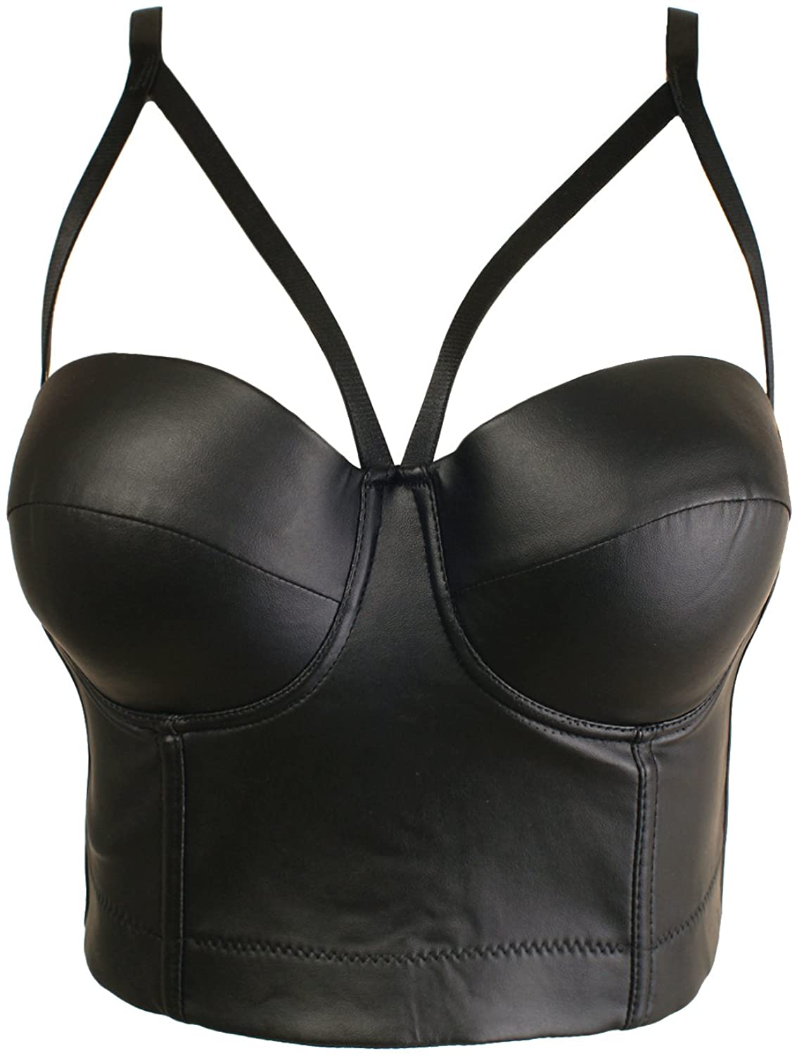 Price:$25.99 She'sModa Women's Sexy Faux Leather Bustier Cut Cross Club Party Bralet Crop Top Black at Amazon Women’s Clothing store
