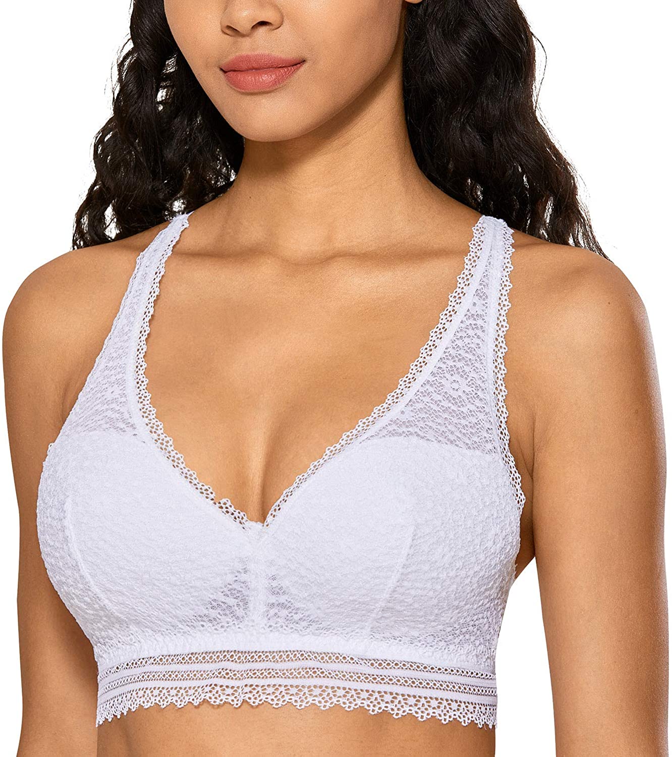 Price:$19.99 DOBREVA Women's Wire Free Deep V Lace Back Lightly Lined Soft Lace Bralette at Amazon Women’s Clothing store