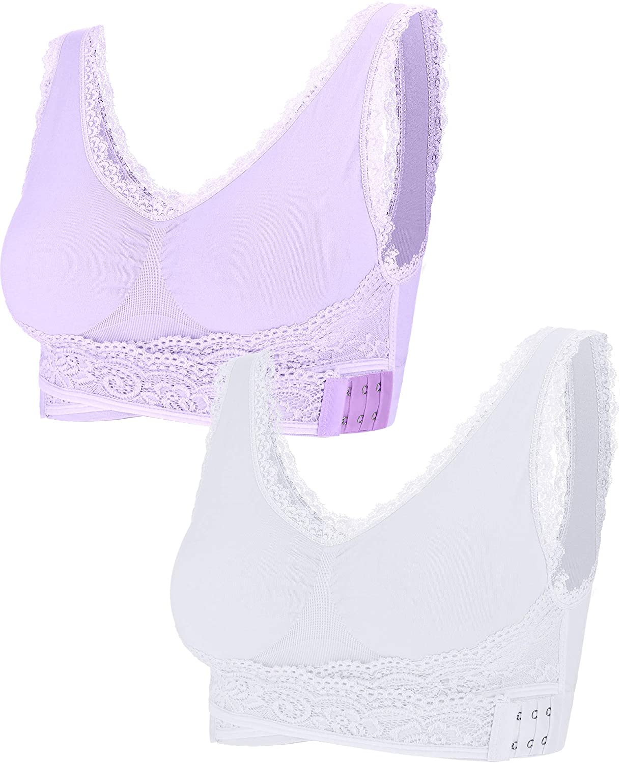 Price:$15.99 Geyoga 2 Pieces Lace Vest Bra Seamless Front Cross Bras Adjustable Side Buckle Bra for Women Gym Wearing, White, Purple at Amazon Women’s Clothing store